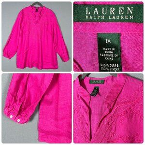 Ralph Lauren LRL 100% LINEN Tunic EMBROIDERED Women's Size 1X Long Sleeve Shirt